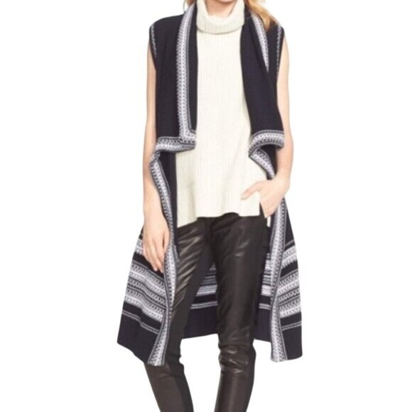 Vince Textured Drape Front Cotton Sweater Vest Cardigan Duster sz xs black white - Picture 1 of 7